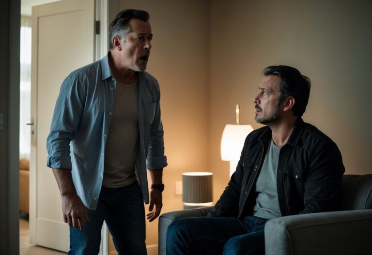 Dois homens em uma sala, um está surpreso e confrontando o outro, que parece nervoso e calmo.