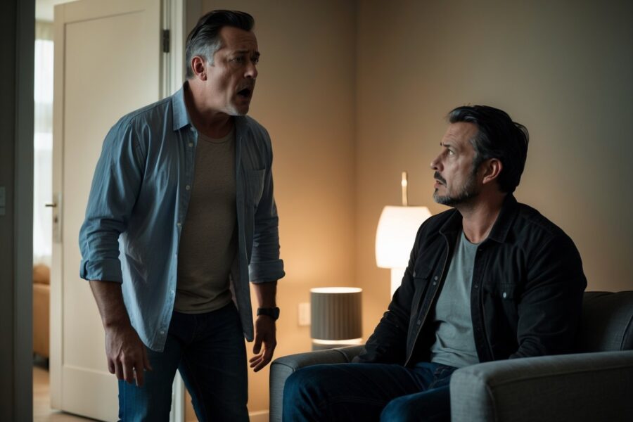 Dois homens em uma sala, um está surpreso e confrontando o outro, que parece nervoso e calmo.