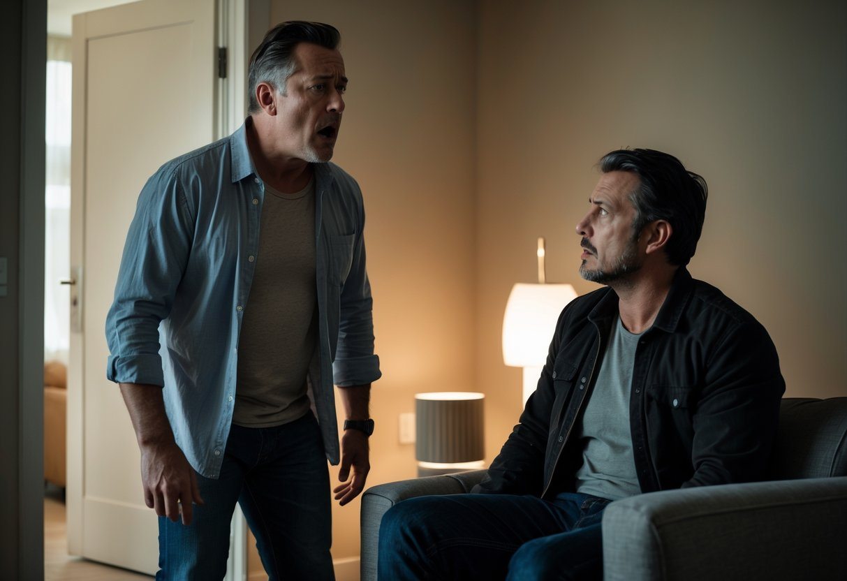 Dois homens em uma sala, um está surpreso e confrontando o outro, que parece nervoso e calmo.