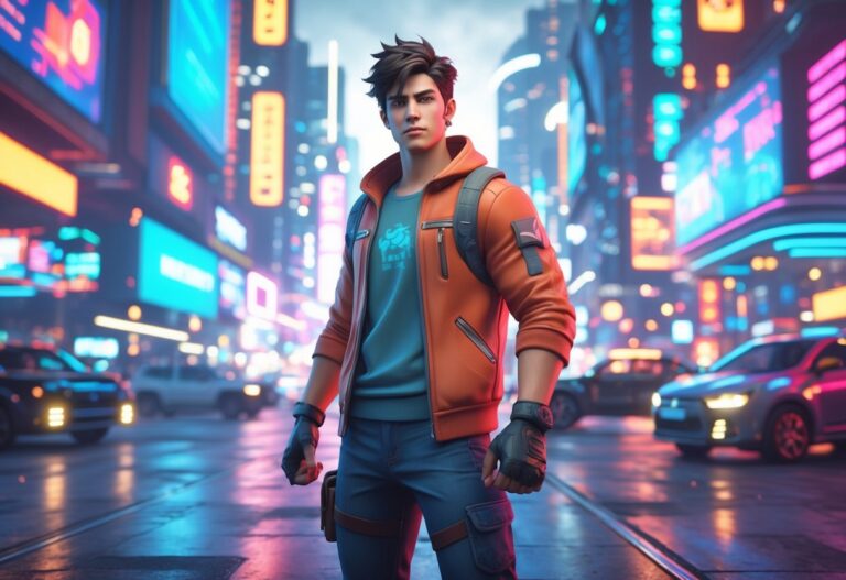 Um jovem herói em uma cidade futurista vibrante com luzes de néon e elementos digitais ao redor.
