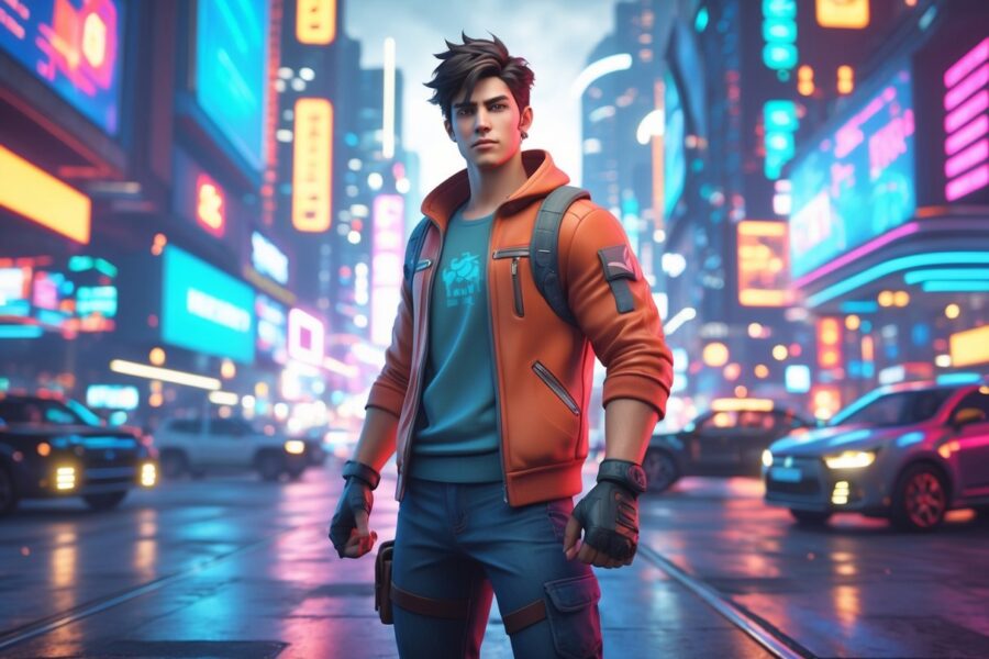 Um jovem herói em uma cidade futurista vibrante com luzes de néon e elementos digitais ao redor.