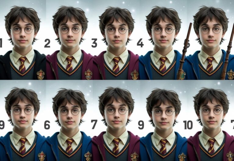 Uma sequência de retratos mostrando um jovem bruxo crescendo em idade, com óculos redondos e cabelo escuro, representando diferentes fases da infância e adolescência.