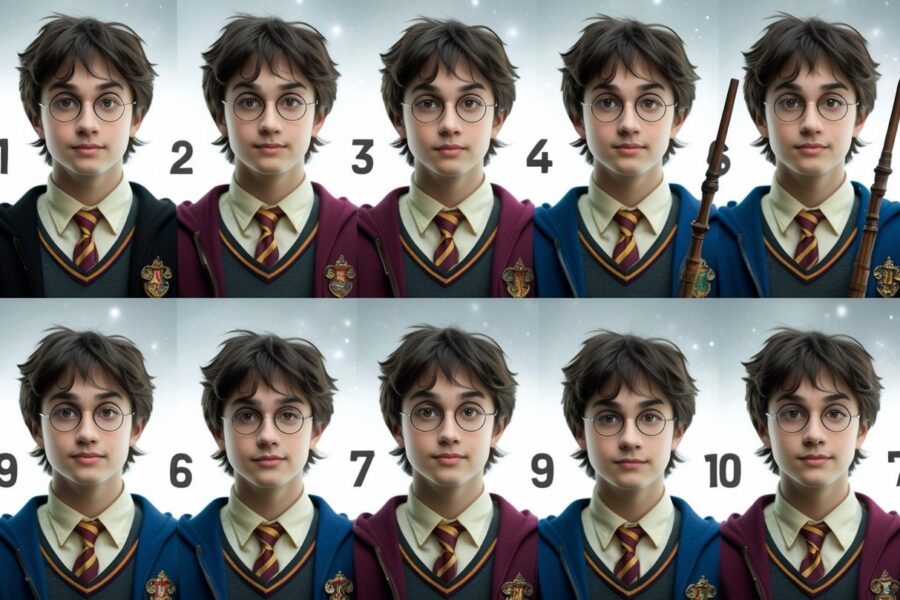 Uma sequência de retratos mostrando um jovem bruxo crescendo em idade, com óculos redondos e cabelo escuro, representando diferentes fases da infância e adolescência.