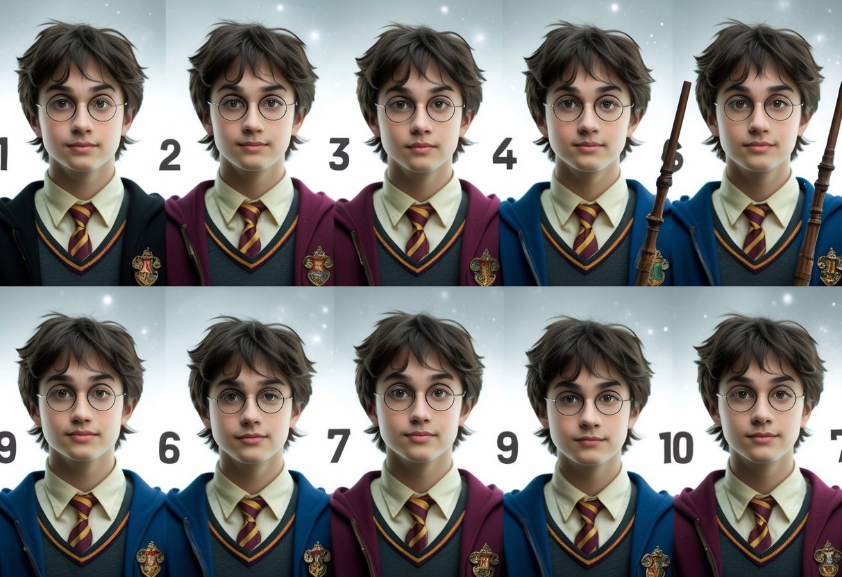 Uma sequência de retratos mostrando um jovem bruxo crescendo em idade, com óculos redondos e cabelo escuro, representando diferentes fases da infância e adolescência.