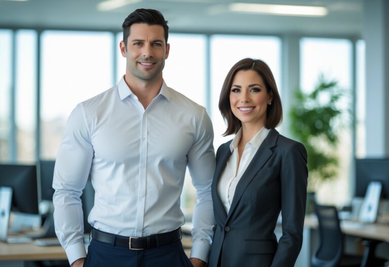 Dois profissionais, um homem e uma mulher, posando juntos em um escritório moderno e iluminado.