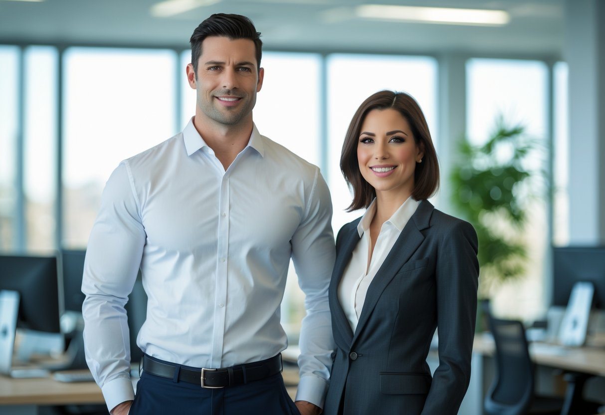 Dois profissionais, um homem e uma mulher, posando juntos em um escritório moderno e iluminado.