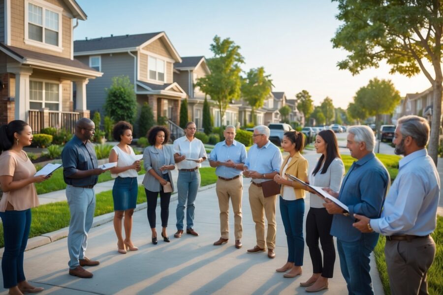 Grupo de vizinhos reunidos ao ar livre em uma área residencial, discutindo preocupações sobre barulho.