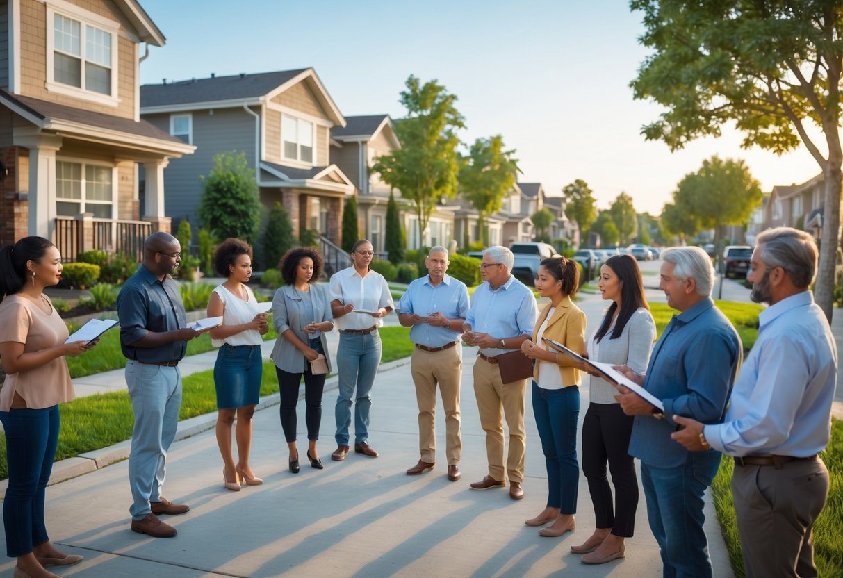 Grupo de vizinhos reunidos ao ar livre em uma área residencial, discutindo preocupações sobre barulho.