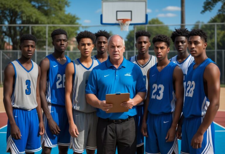 Treinador com um grupo de jogadores de basquete jovens em uma quadra ao ar livre, todos com expressões focadas e determinadas.