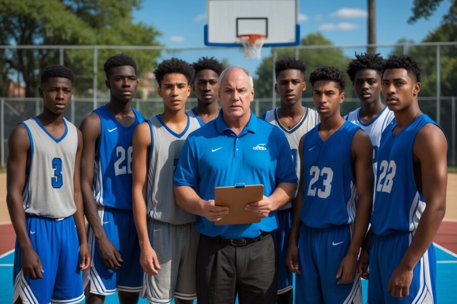 Treinador com um grupo de jogadores de basquete jovens em uma quadra ao ar livre, todos com expressões focadas e determinadas.