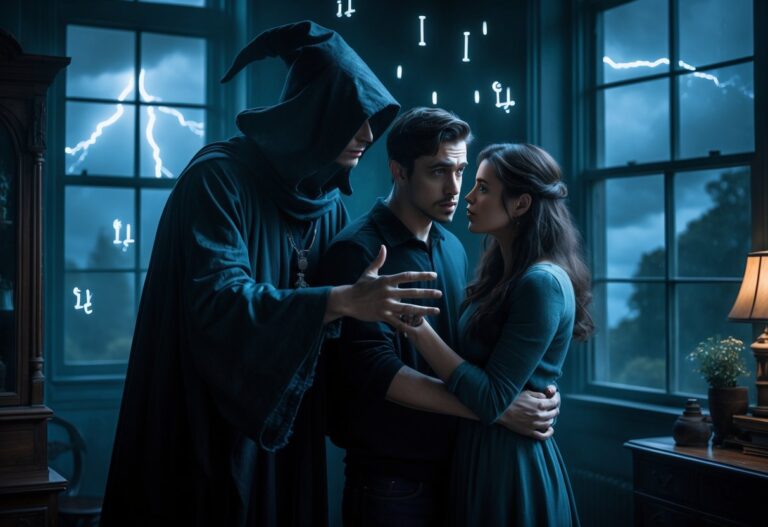 Uma cena dramática mostrando um homem e uma mulher assustados em casa, confrontados por uma figura sombria e ameaçadora durante uma noite tempestuosa.
