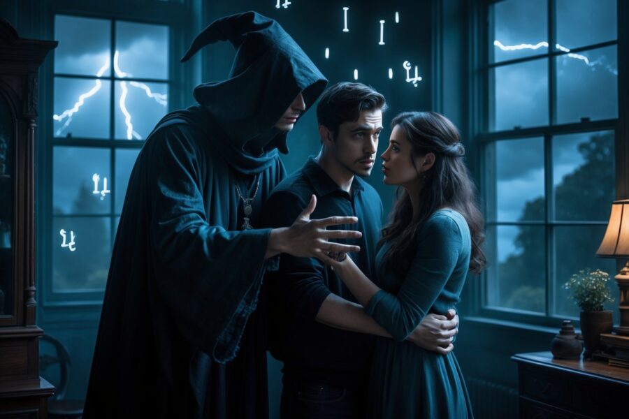 Uma cena dramática mostrando um homem e uma mulher assustados em casa, confrontados por uma figura sombria e ameaçadora durante uma noite tempestuosa.