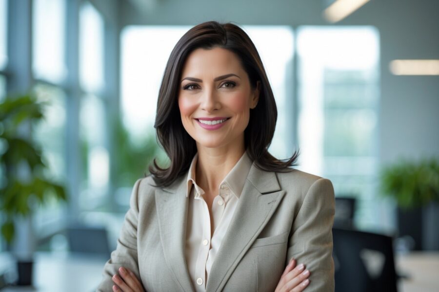 Mulher confiante em um escritório moderno, sorrindo e olhando para a câmera.