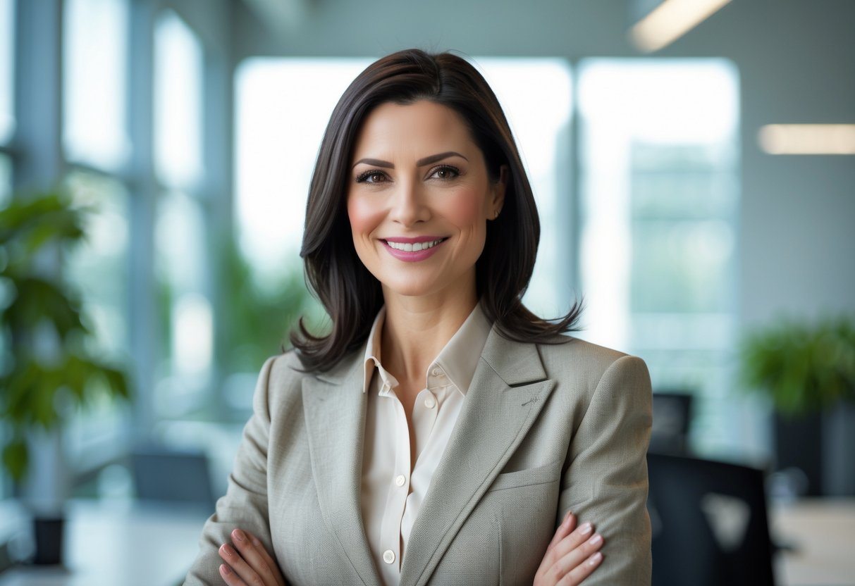 Mulher confiante em um escritório moderno, sorrindo e olhando para a câmera.