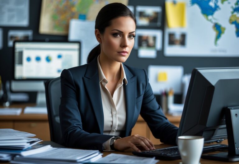 Uma mulher confiante sentada em uma mesa de escritório, analisando dados em um computador, com arquivos e mapas ao fundo.