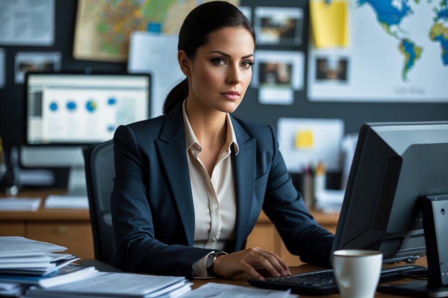Uma mulher confiante sentada em uma mesa de escritório, analisando dados em um computador, com arquivos e mapas ao fundo.