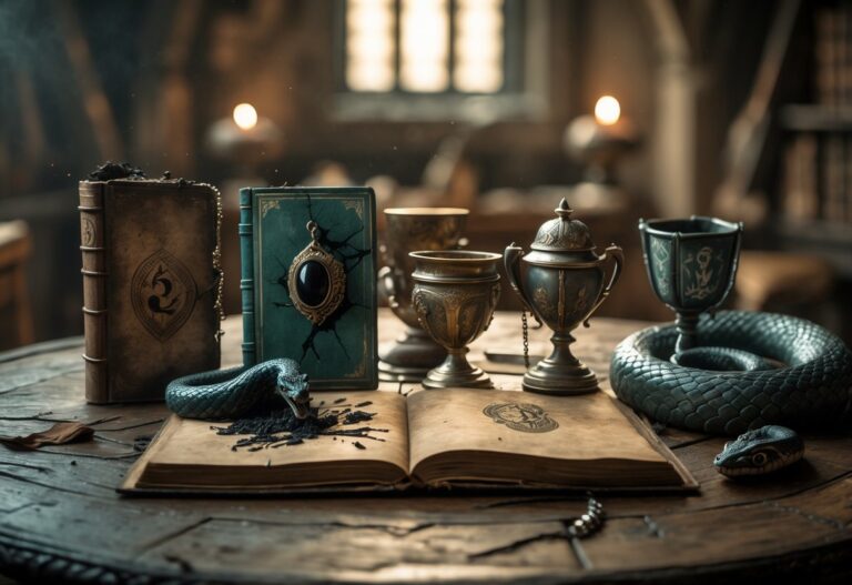 Mesa antiga com os sete Horcruxes de Harry Potter, cada um mostrando sinais de destruição, incluindo um diário queimado, anel rachado, medalhão quebrado, taça com marcas de queimadura, tiara amassada, uma cobra ferida e um pergaminho com uma cicatriz em forma de raio.