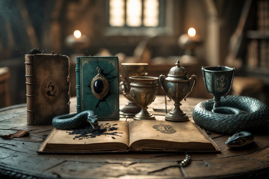 Mesa antiga com os sete Horcruxes de Harry Potter, cada um mostrando sinais de destruição, incluindo um diário queimado, anel rachado, medalhão quebrado, taça com marcas de queimadura, tiara amassada, uma cobra ferida e um pergaminho com uma cicatriz em forma de raio.