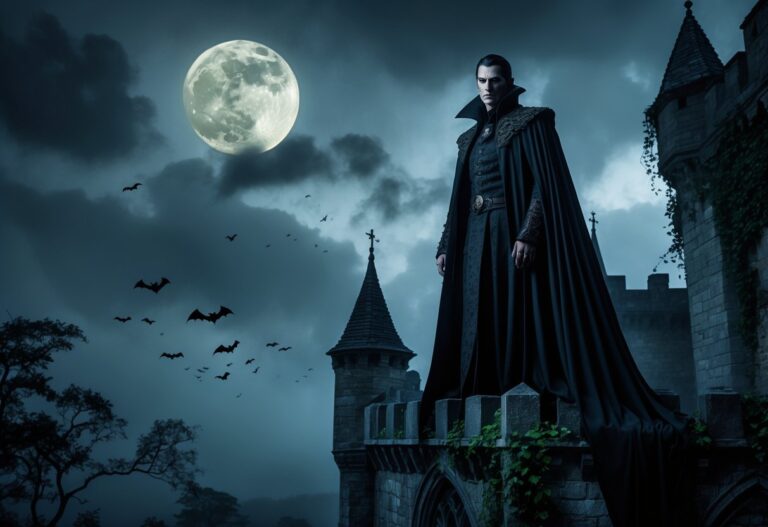 Um vampiro sombrio e misterioso em um castelo antigo à noite, com uma lua cheia e nuvens escuras ao fundo.