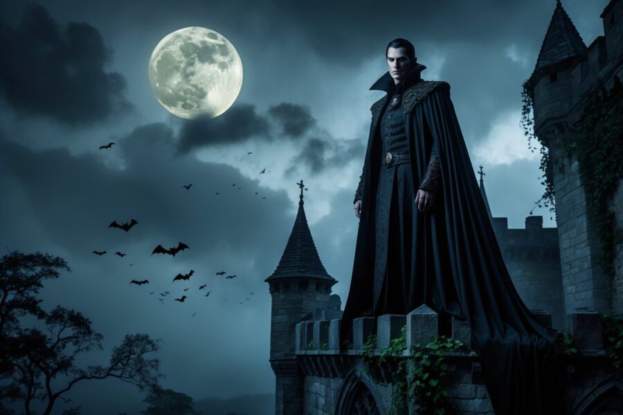 Um vampiro sombrio e misterioso em um castelo antigo à noite, com uma lua cheia e nuvens escuras ao fundo.