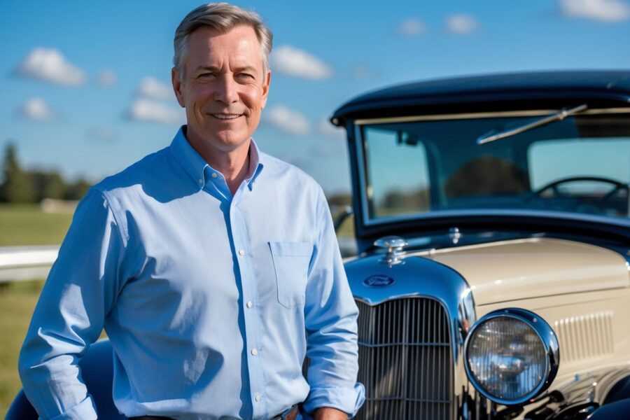 Homem de meia-idade ao lado de um carro clássico da Ford em um dia ensolarado.