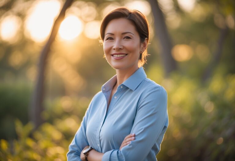 Pessoa adulta sorrindo ao ar livre em ambiente natural com luz do sol ao fundo.