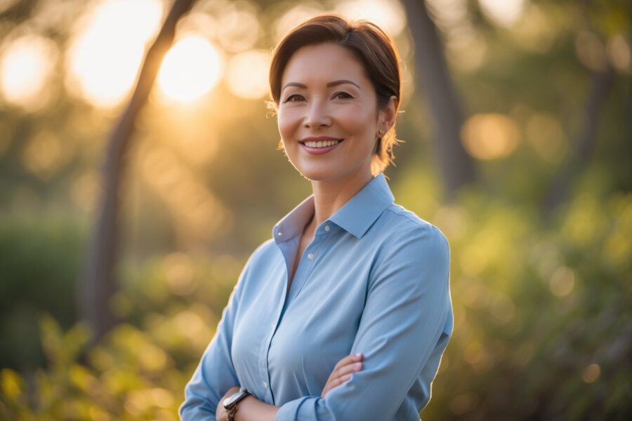 Pessoa adulta sorrindo ao ar livre em ambiente natural com luz do sol ao fundo.