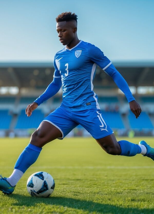 Jogador de futebol masculino em campo verde, em movimento durante um jogo.