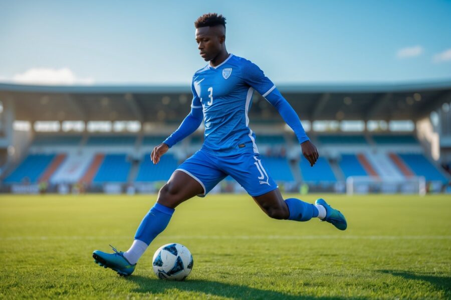 Jogador de futebol masculino em campo verde, em movimento durante um jogo.