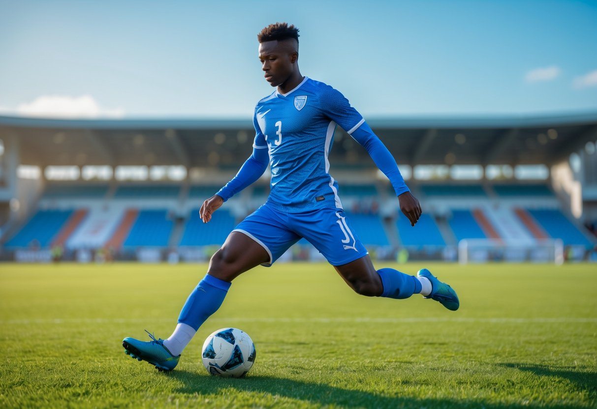 Jogador de futebol masculino em campo verde, em movimento durante um jogo.