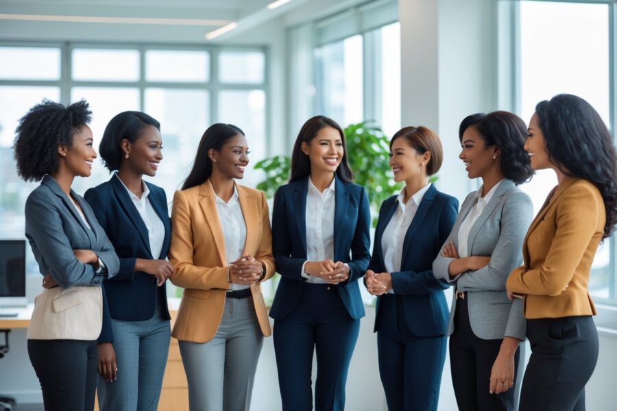 Grupo de mulheres diversas em um escritório moderno, conversando e sorrindo enquanto trabalham juntas.