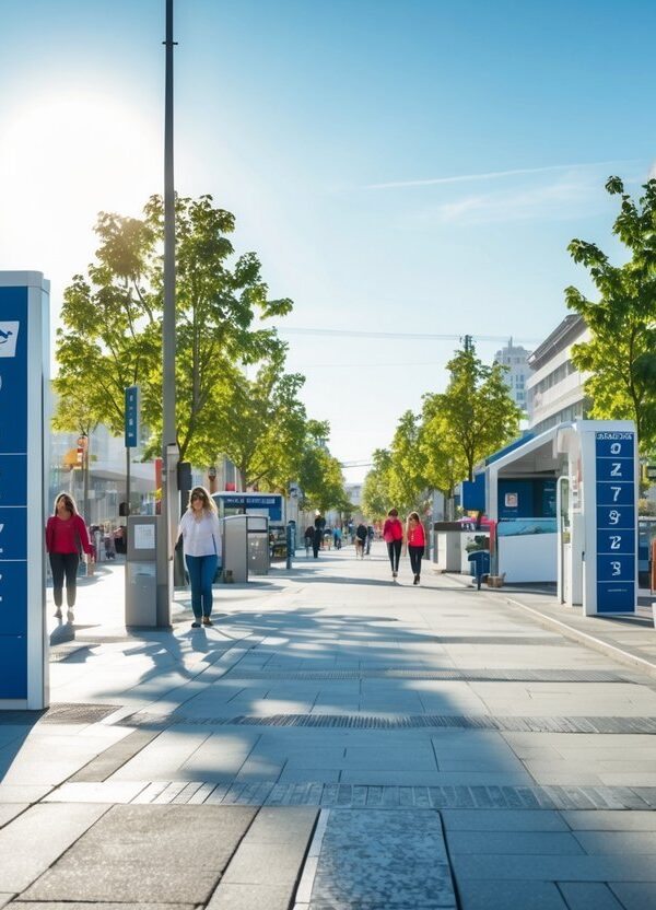 Cena urbana durante o dia com placas de código postal começando com a letra Z, prédios limpos e pessoas caminhando na calçada.