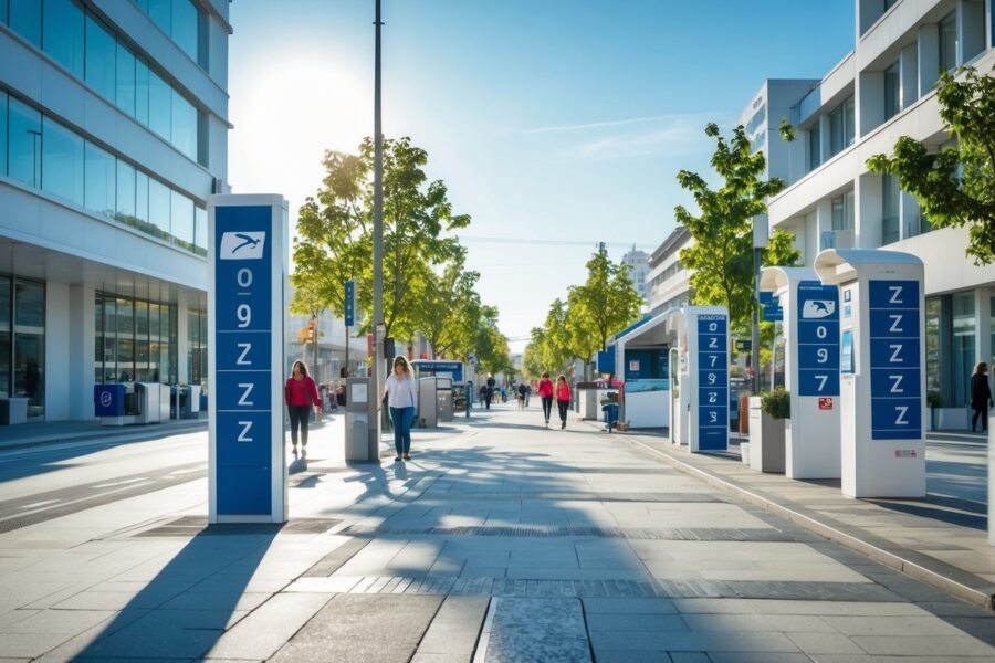 Cena urbana durante o dia com placas de código postal começando com a letra Z, prédios limpos e pessoas caminhando na calçada.