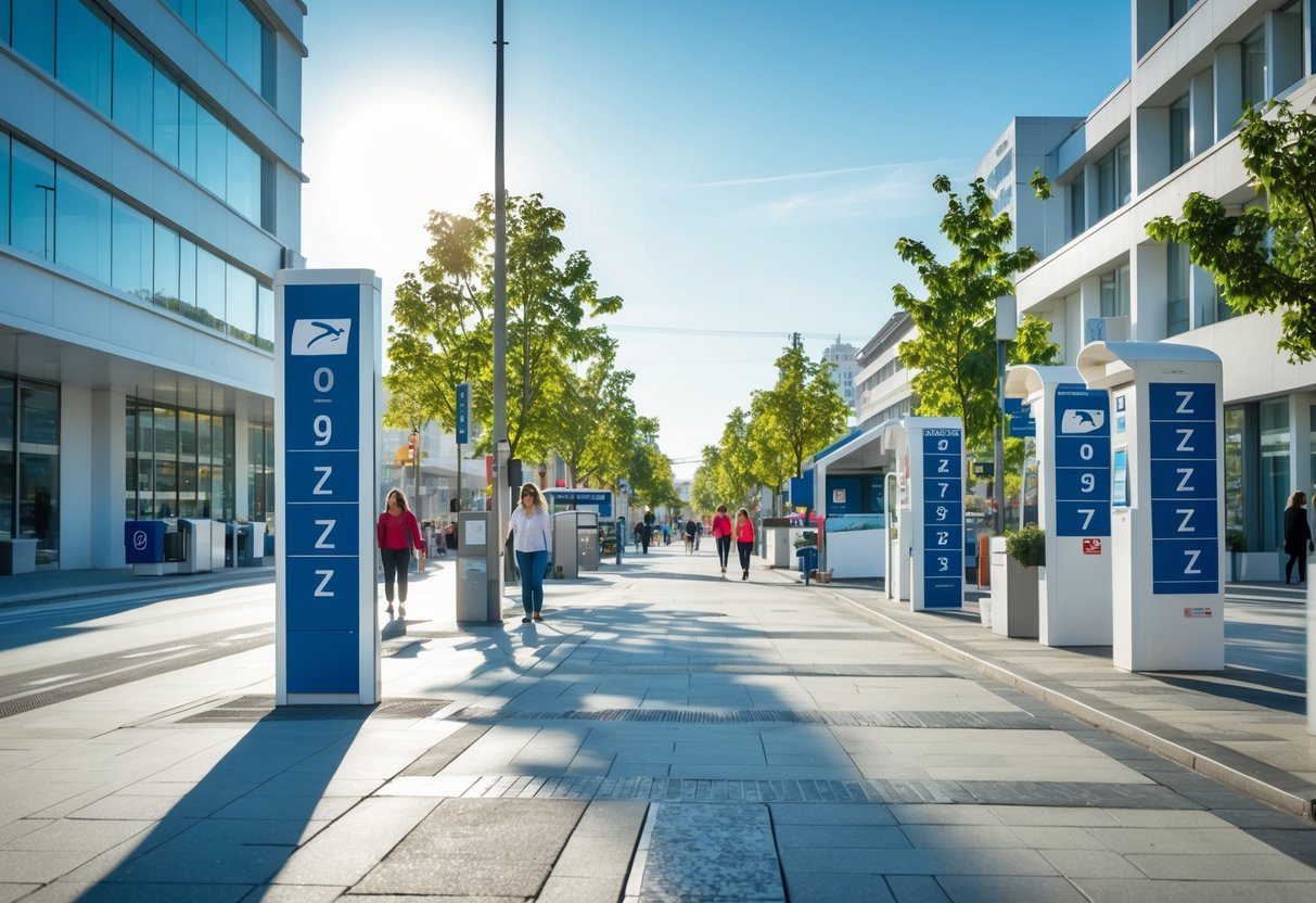 Cena urbana durante o dia com placas de código postal começando com a letra Z, prédios limpos e pessoas caminhando na calçada.