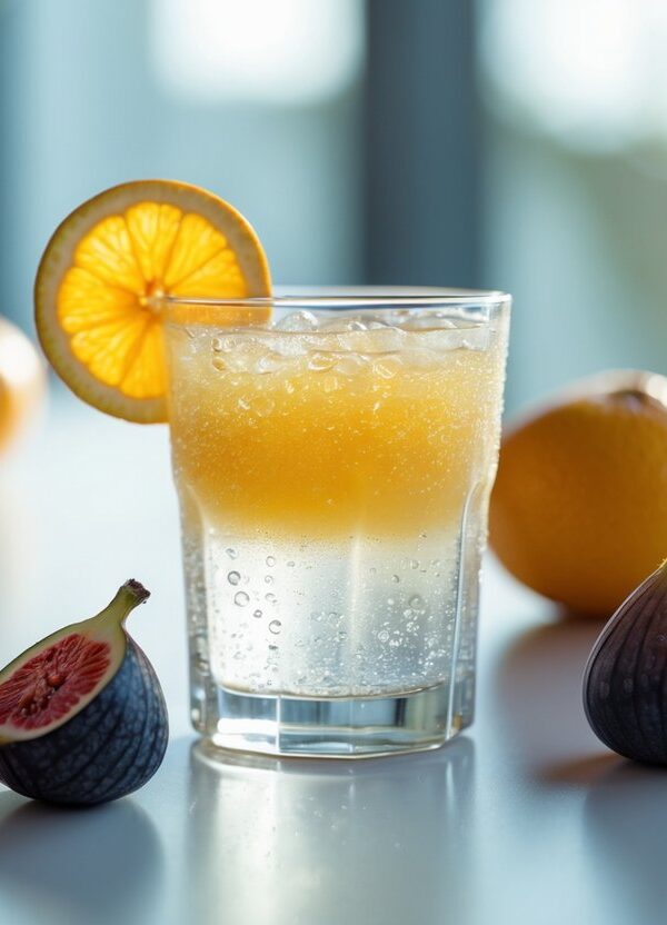 Um copo com uma bebida refrescante cercado por frutas frescas sobre uma mesa.