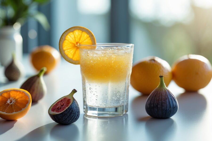 Um copo com uma bebida refrescante cercado por frutas frescas sobre uma mesa.