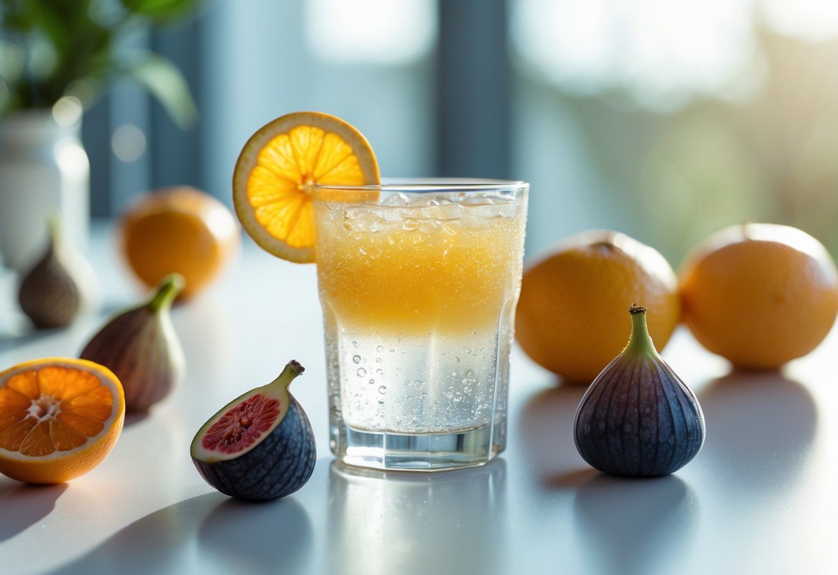 Um copo com uma bebida refrescante cercado por frutas frescas sobre uma mesa.