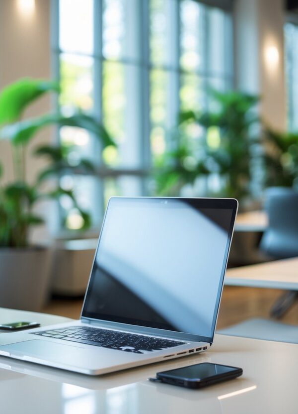 Ambiente de escritório moderno e organizado com mesa, laptop, plantas e cadeiras em volta de uma mesa de reunião.