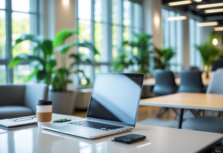 Ambiente de escritório moderno e organizado com mesa, laptop, plantas e cadeiras em volta de uma mesa de reunião.