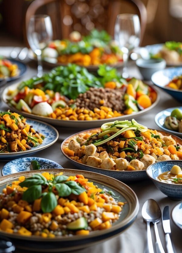 Mesa com pratos variados de comida começando com a letra T, dispostos de forma atraente e colorida.