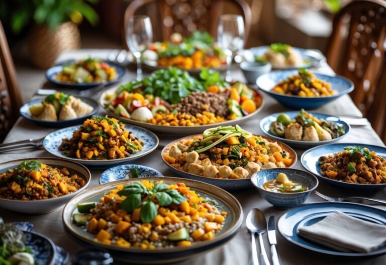 Mesa com pratos variados de comida começando com a letra T, dispostos de forma atraente e colorida.