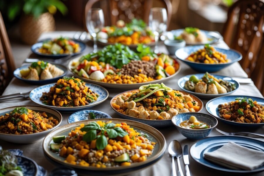 Mesa com pratos variados de comida começando com a letra T, dispostos de forma atraente e colorida.
