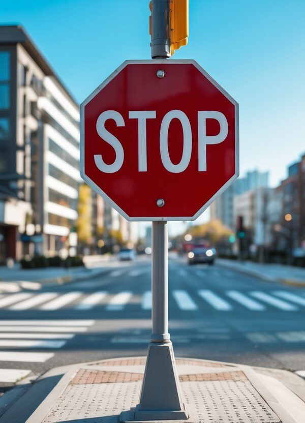 Sinal de pare vermelho em um cruzamento urbano moderno durante o dia.