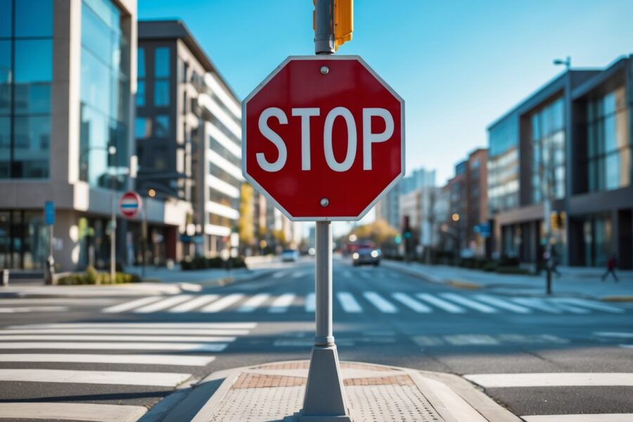 Sinal de pare vermelho em um cruzamento urbano moderno durante o dia.