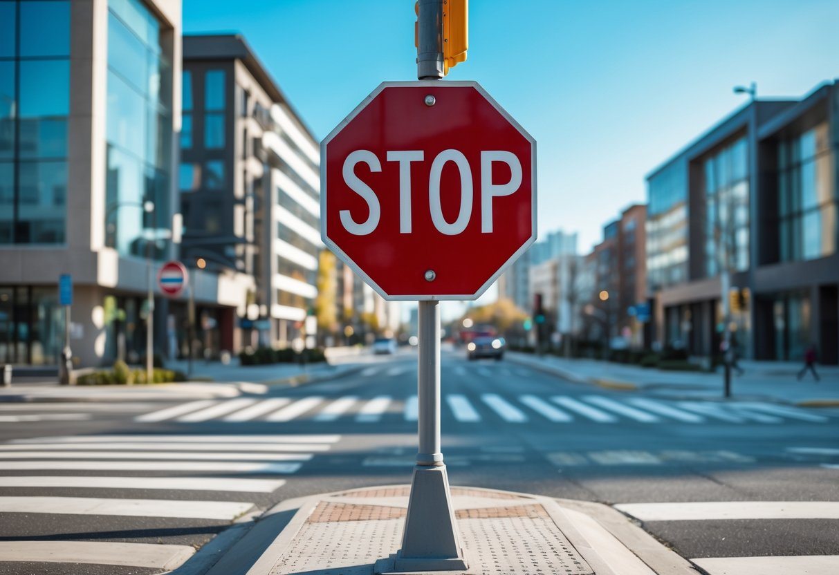 Sinal de pare vermelho em um cruzamento urbano moderno durante o dia.