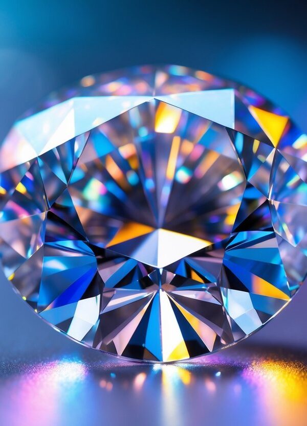 Close-up de um diamante brilhante com efeito de cor vibrante ao fundo.