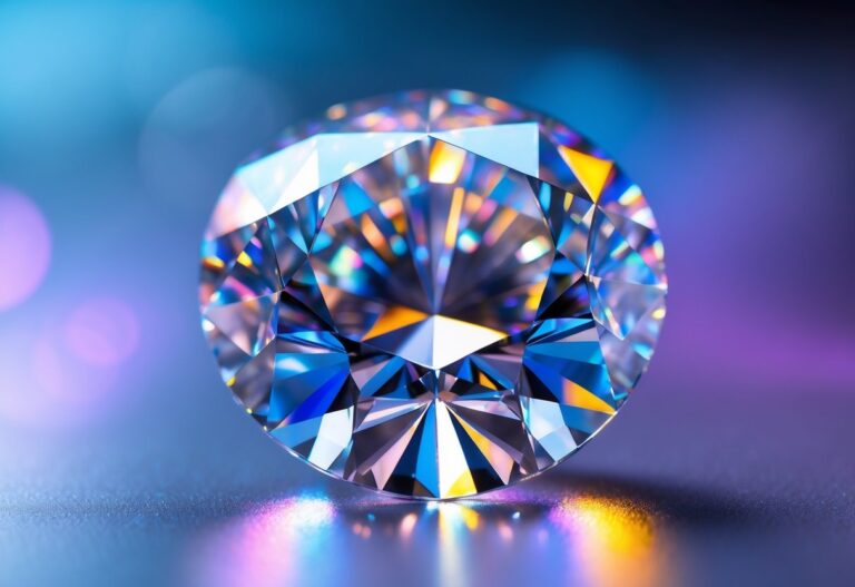 Close-up de um diamante brilhante com efeito de cor vibrante ao fundo.