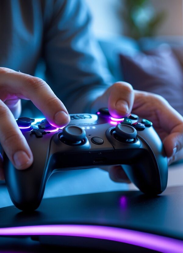 Pessoa jogando videogame com controle em uma sala aconchegante.