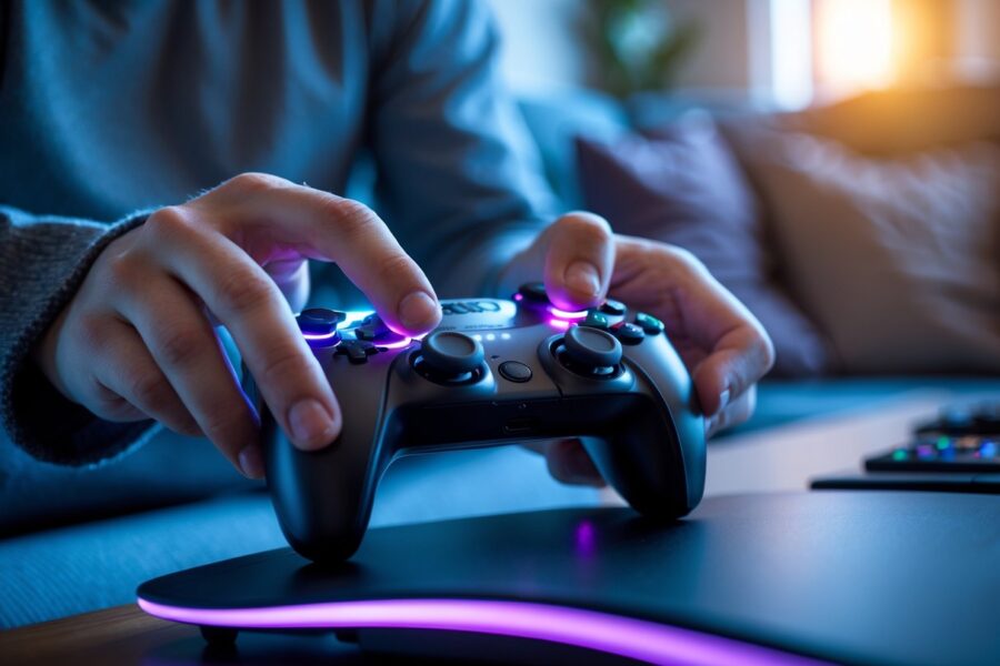 Pessoa jogando videogame com controle em uma sala aconchegante.