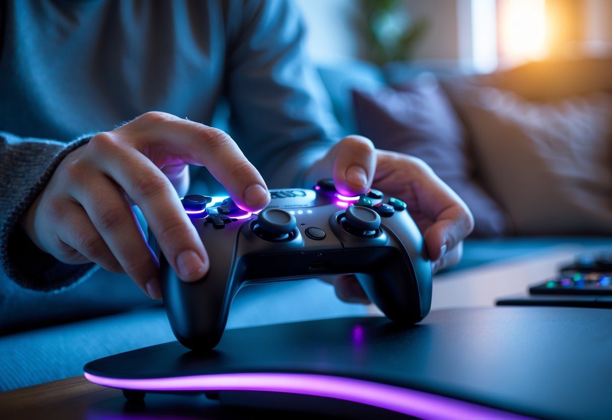 Pessoa jogando videogame com controle em uma sala aconchegante.